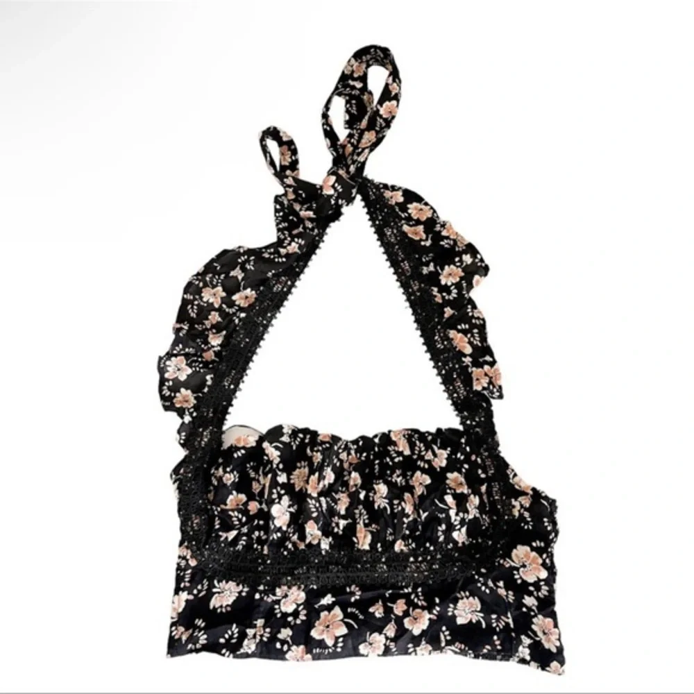 Free People Women’s Black Floral Ruffle Halter Cropped Top‎ Black Size 8